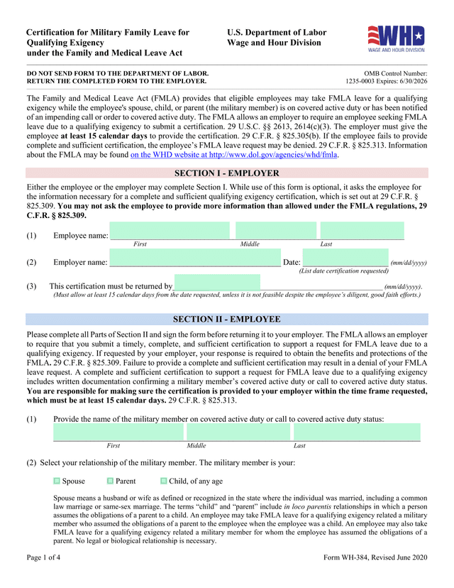 Military Family Leave Qualifying Exigency Certification (WH 384) screenshot