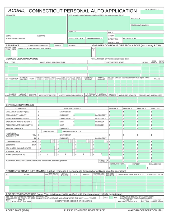 Connecticut Personal Auto Application (ACORD 90 CT) screenshot