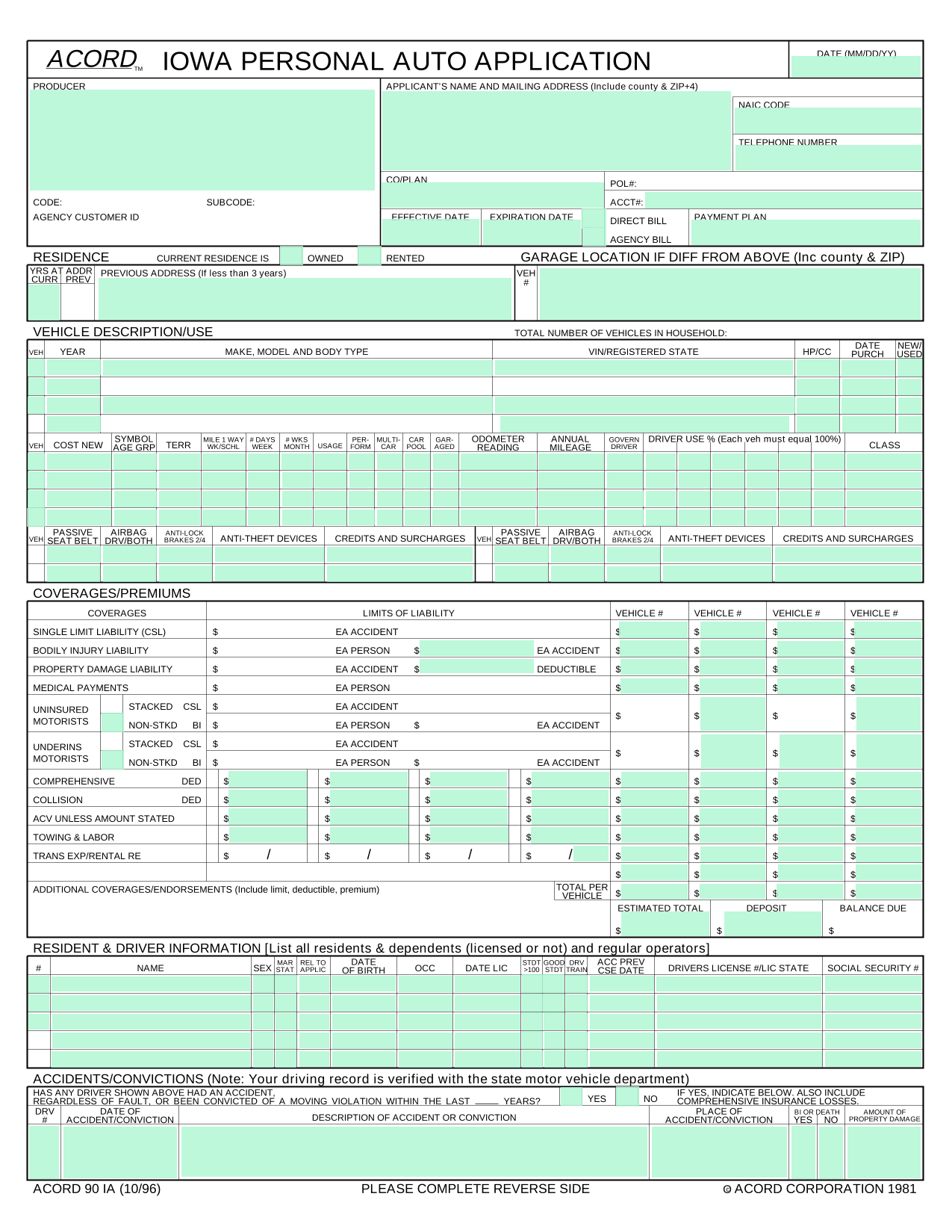 Iowa Personal Auto Application (ACORD 90 IA) screenshot