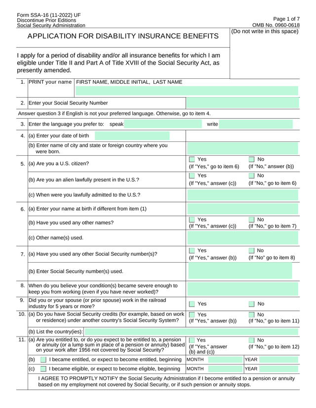SSA 16: Application for Disability Benefits screenshot
