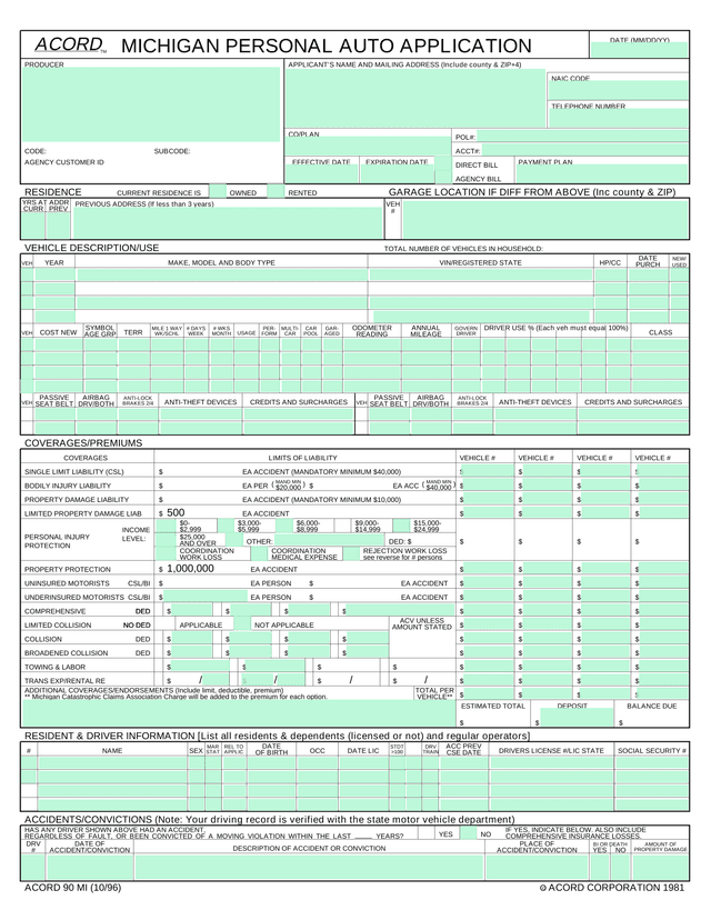 Michigan Personal Auto Application (ACORD 90 MI) screenshot
