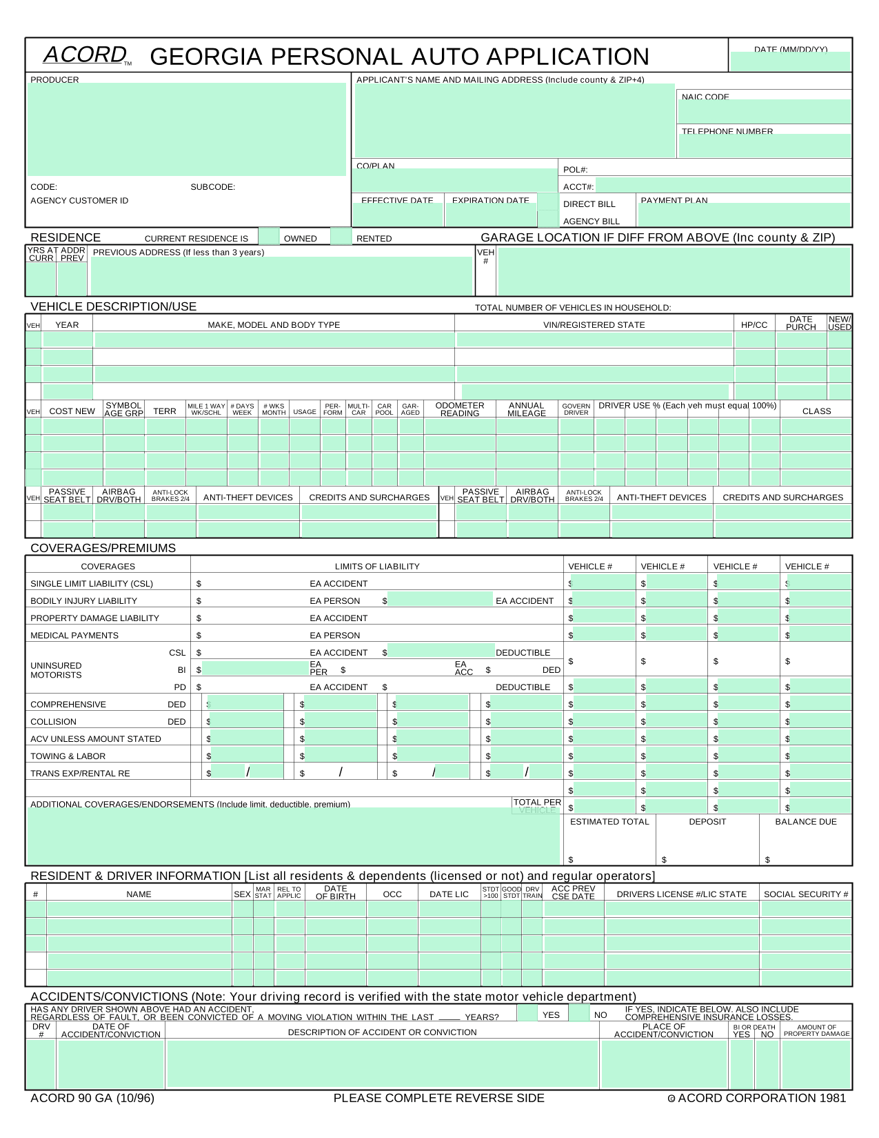 Georgia Personal Auto Application (ACORD 90 GA) screenshot