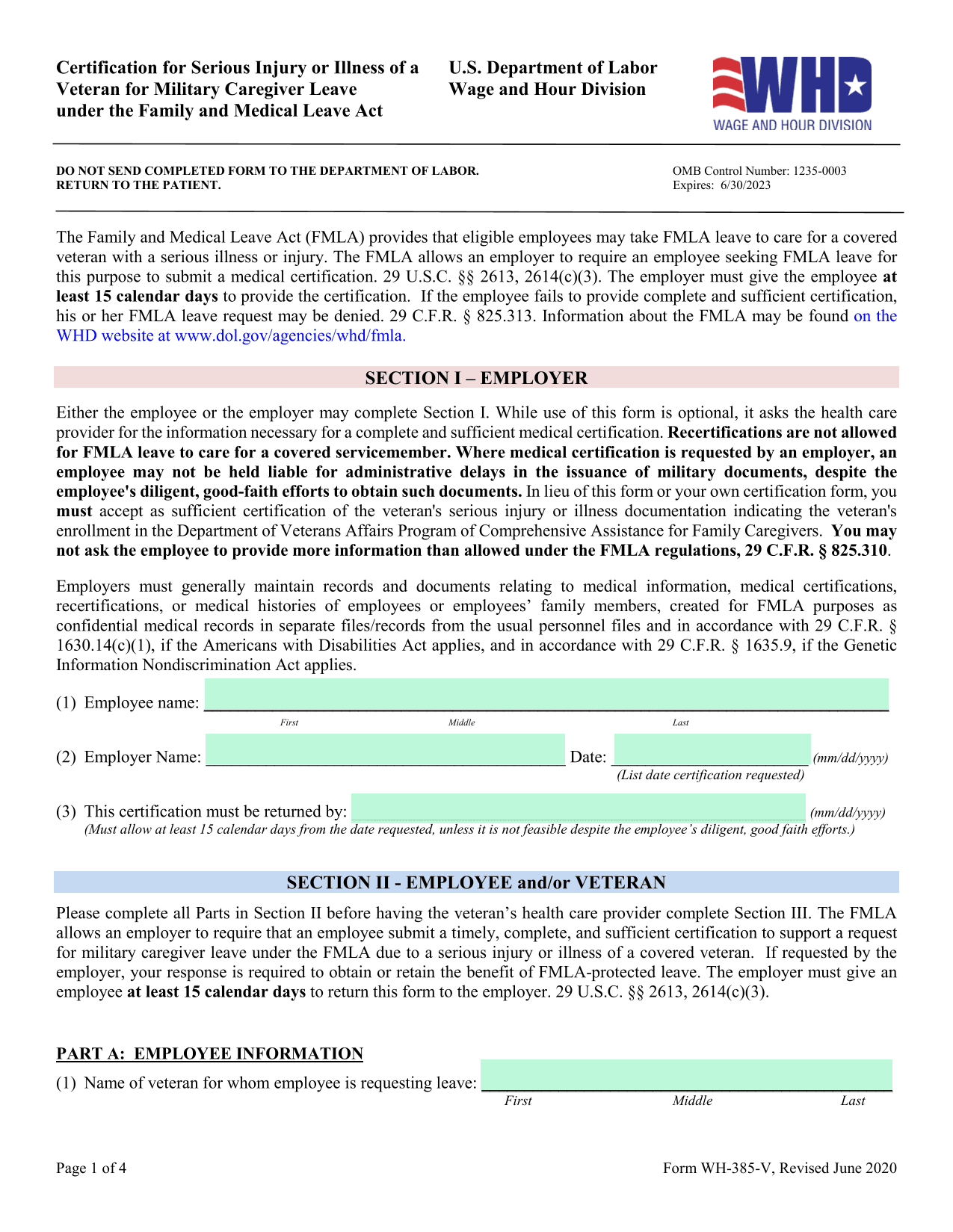 Veteran Military Caregiver Leave Form (WH 385 V) screenshot