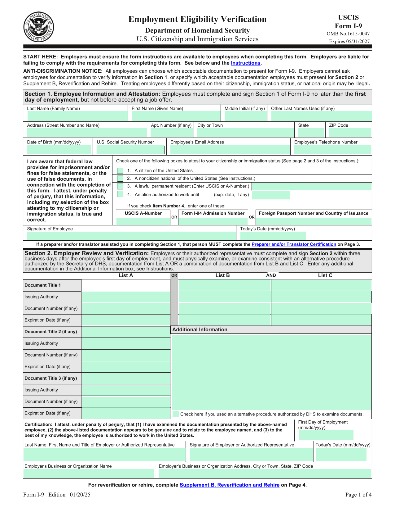 Employment Eligibility Verification (Form I 9) screenshot