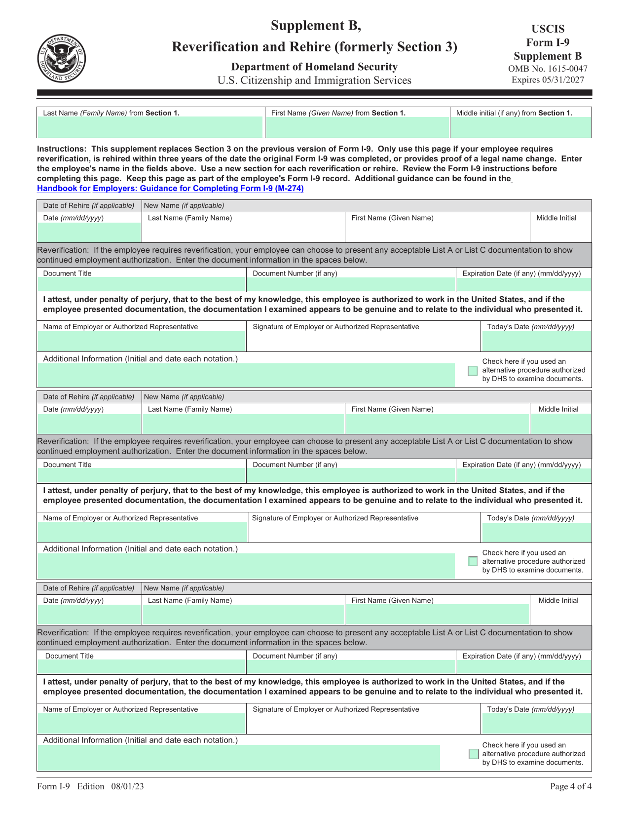 Form I 9 Supplement B (Reverification  Rehire) screenshot