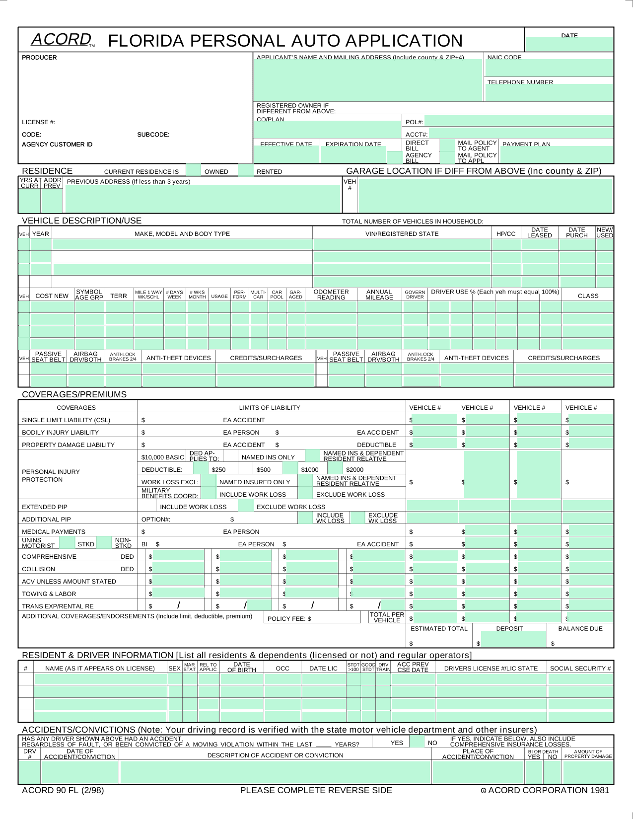 Florida Personal Auto Application (ACORD 90 FL) screenshot