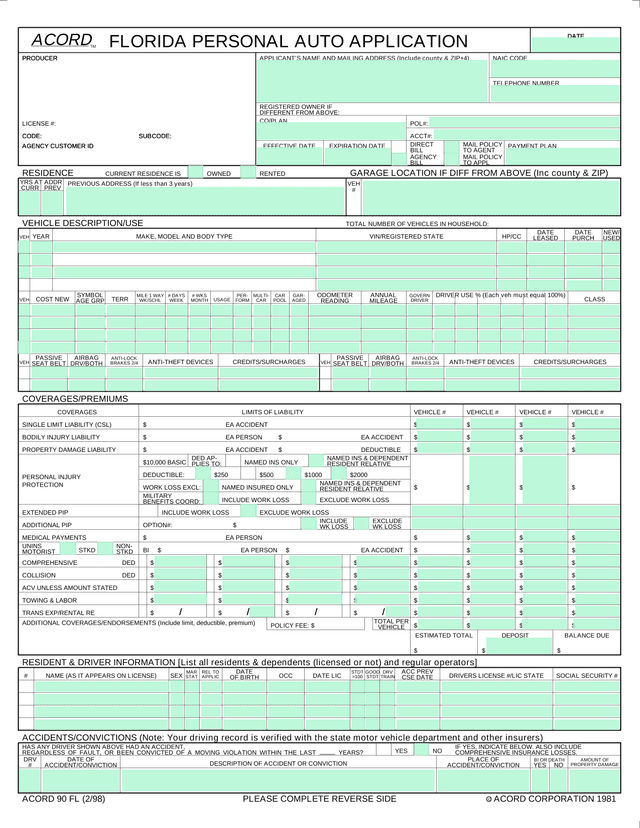Florida Personal Auto Application (ACORD 90 FL) screenshot