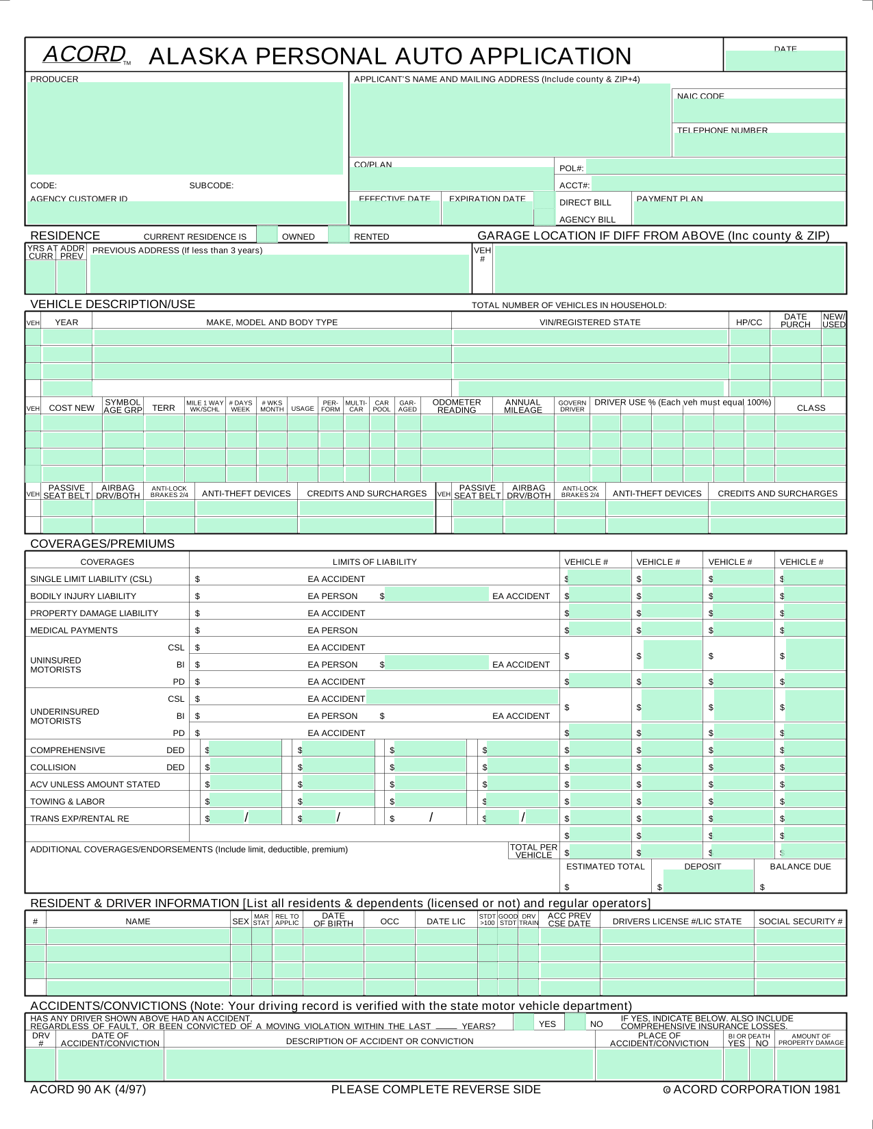 Alaska Personal Auto Application (ACORD 90 AK) screenshot