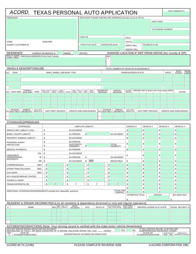 Texas Personal Auto Application (ACORD 90 TX) screenshot