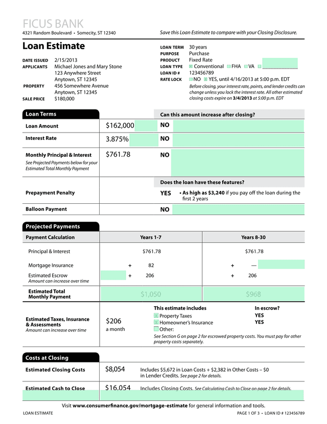 Loan Estimate (Mortgage Document) screenshot