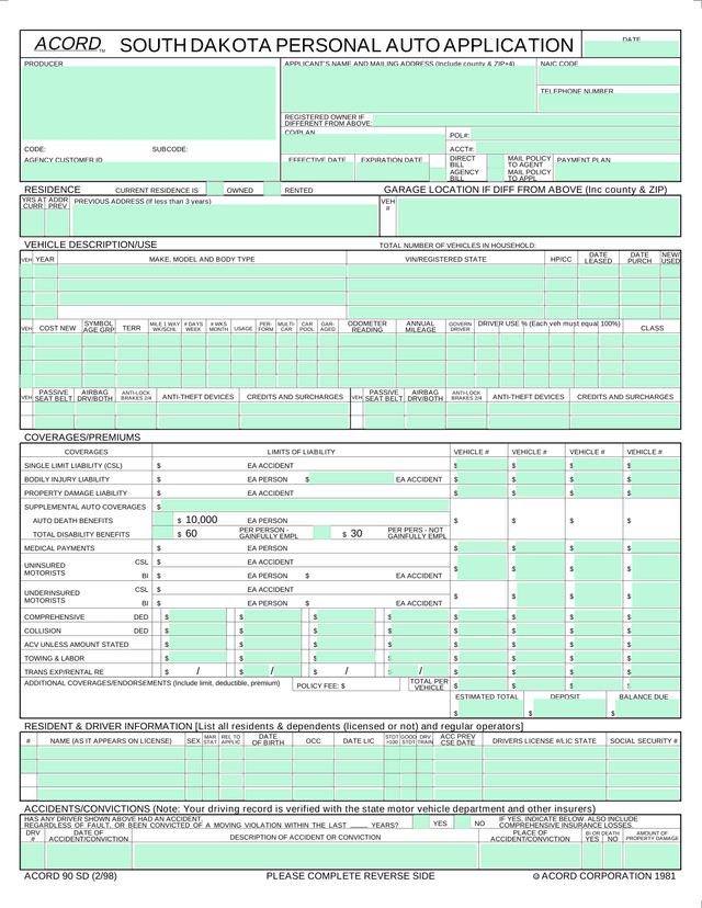 South Dakota Personal Auto Application (ACORD 90 SD) screenshot