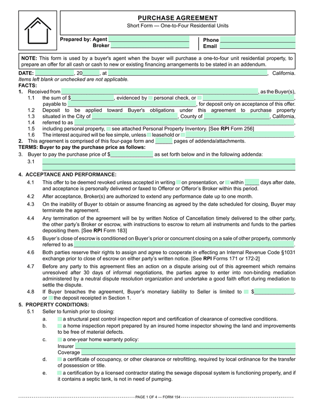 Residential Purchase Agreement (RPI 154) screenshot