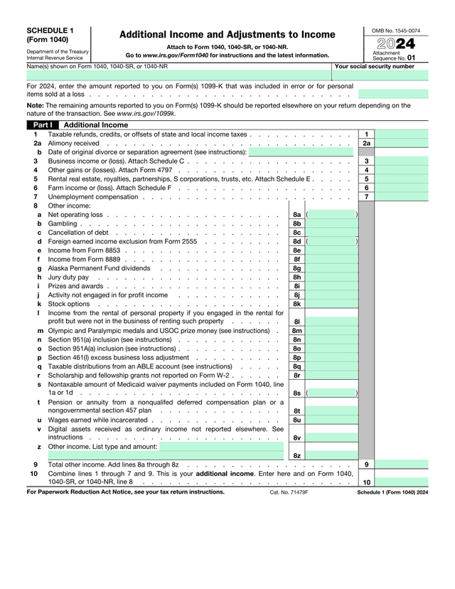 Schedule 1 Additional Income  Adjustments To Income (Form 1040) screenshot