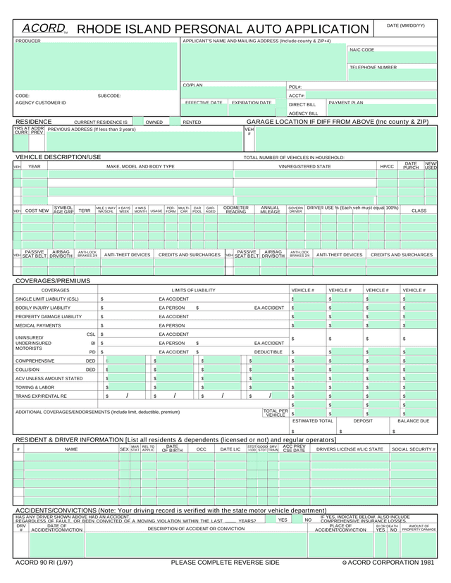 Rhode Island Personal Auto Application (ACORD 90 RI) screenshot