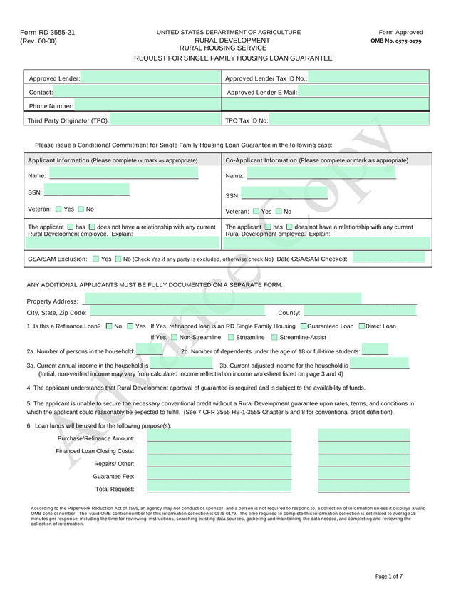 Rural Housing Service Loan Guarantee Request (RD 3555 21) screenshot
