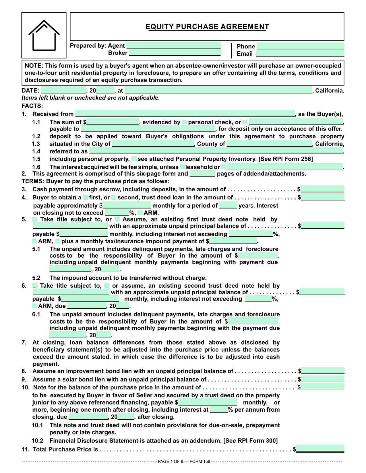 Residential Purchase Agreement (RPI 156) screenshot