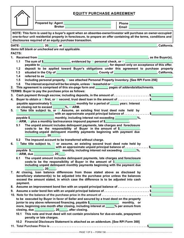 Residential Purchase Agreement (RPI 156) screenshot