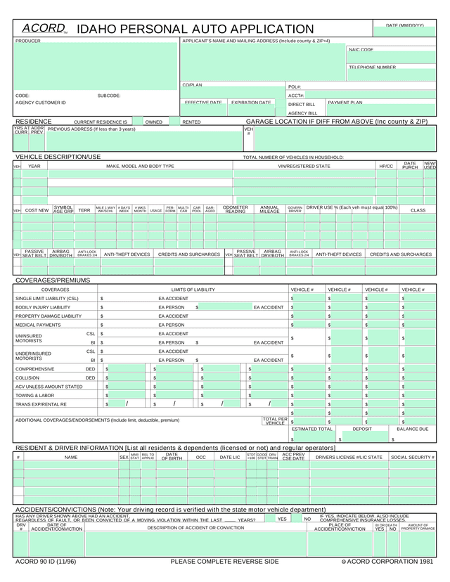 Idaho Personal Auto Application (ACORD 90 ID) screenshot