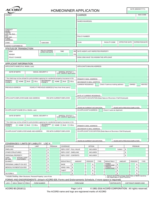 Insurance Application Form (Homeowners Policy) screenshot