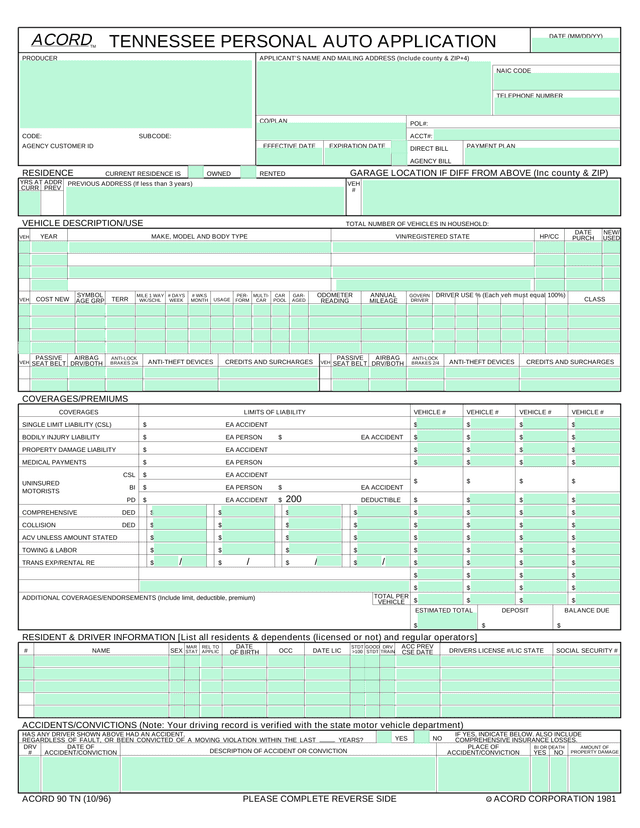 Tennessee Personal Auto Application (ACORD 90 TN) screenshot