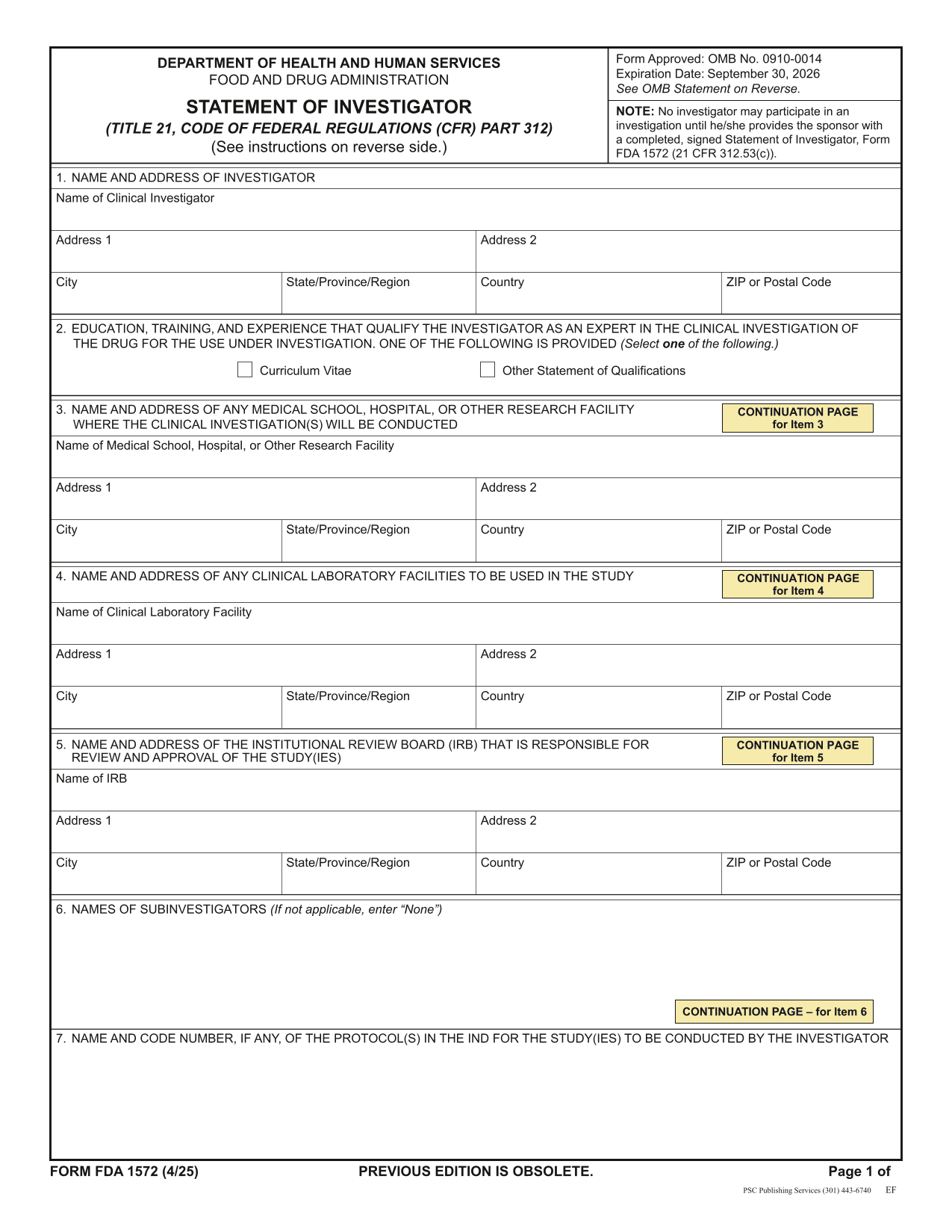 Statement Of Investigator (FDA Form 1572) screenshot