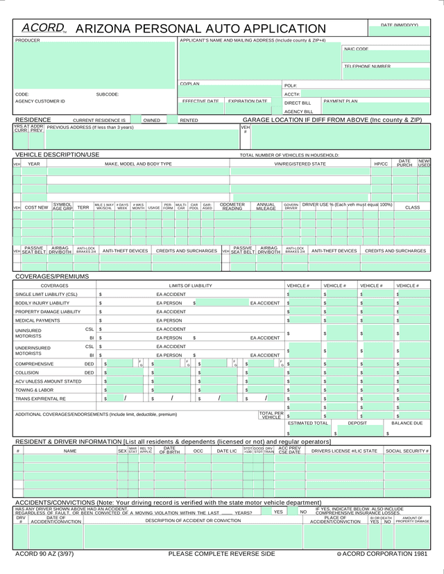 Arizona Personal Auto Application (ACORD 90 AZ) screenshot
