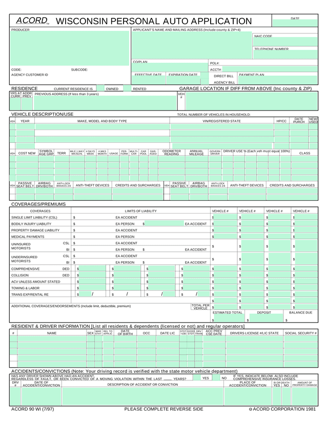 Wisconsin Personal Auto Application (ACORD 90 WI) screenshot