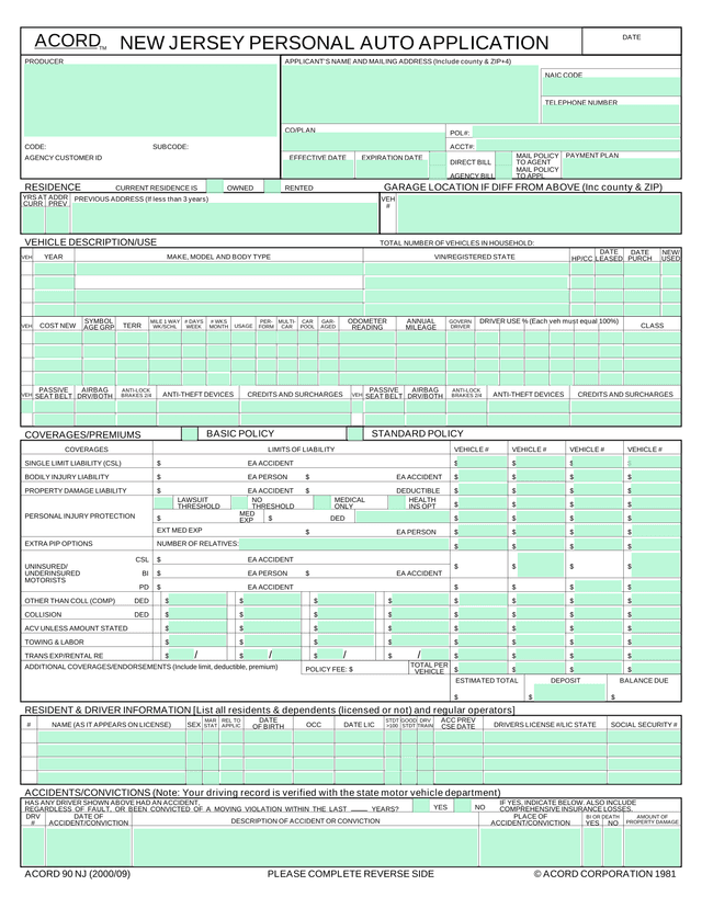 Auto Insurance Application Form screenshot