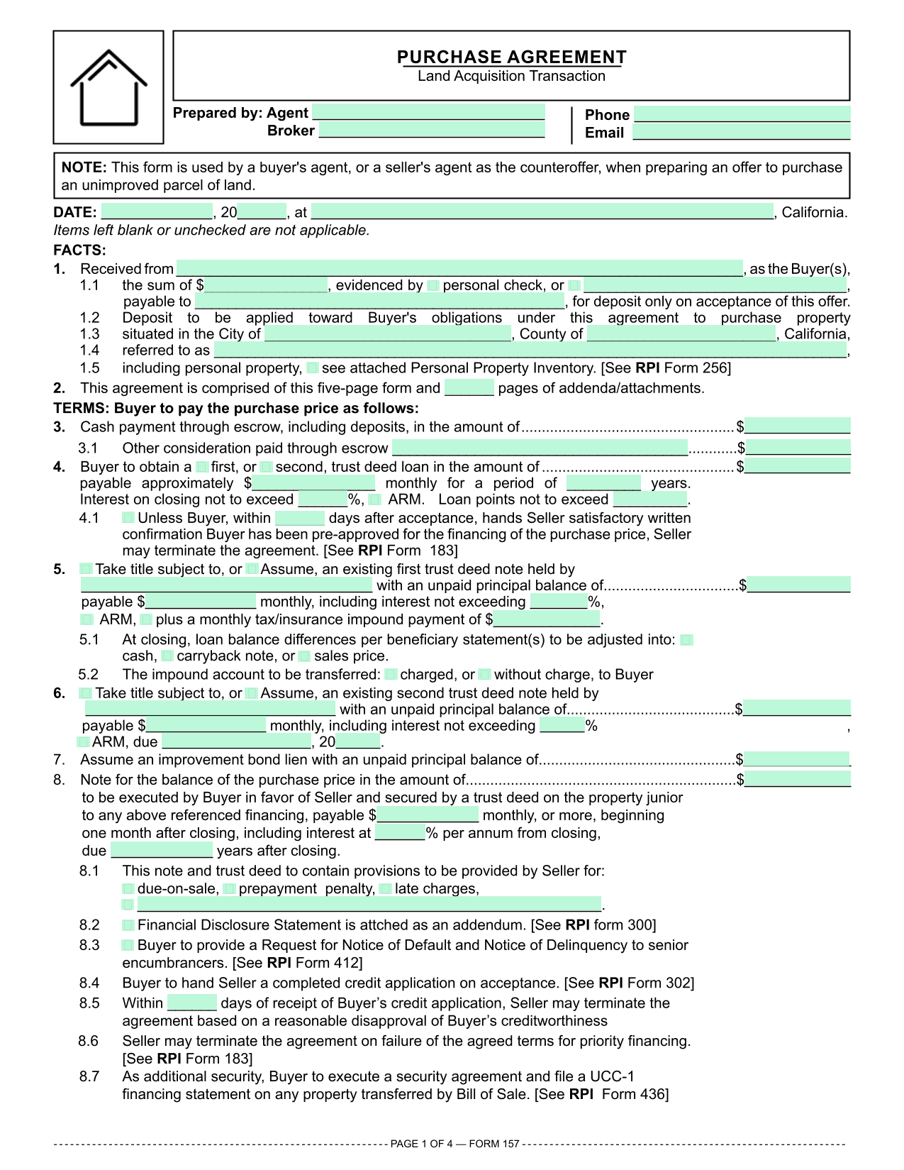 Unimproved Land Purchase Agreement (RPI 157) screenshot