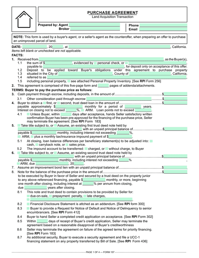 Unimproved Land Purchase Agreement (RPI 157) screenshot