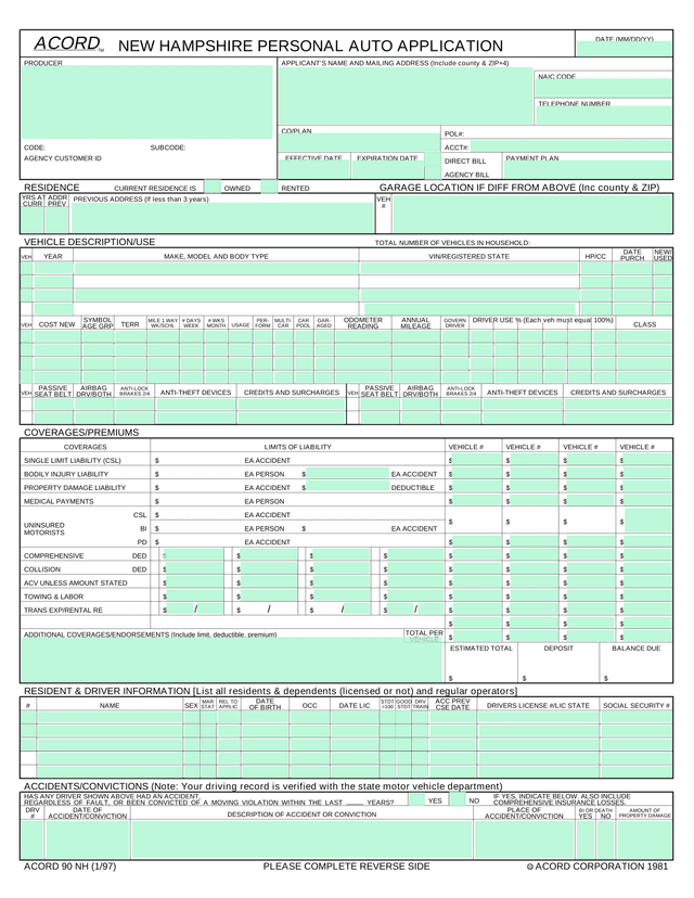 New Hampshire Personal Auto Application (ACORD 90 NH) screenshot