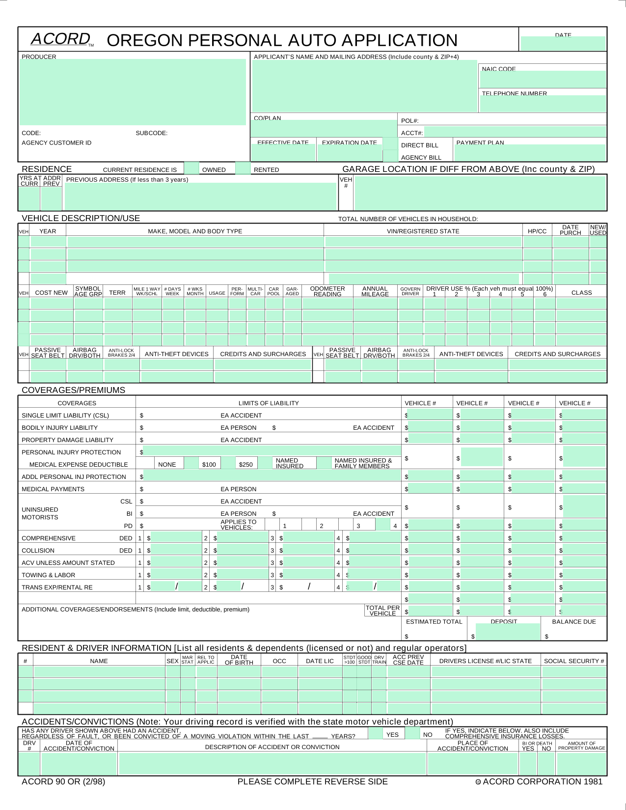 Oregon Personal Auto Application (ACORD 90 OR) screenshot