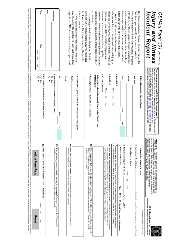 OSHA Injury And Illness Incident Report (Form 301) screenshot