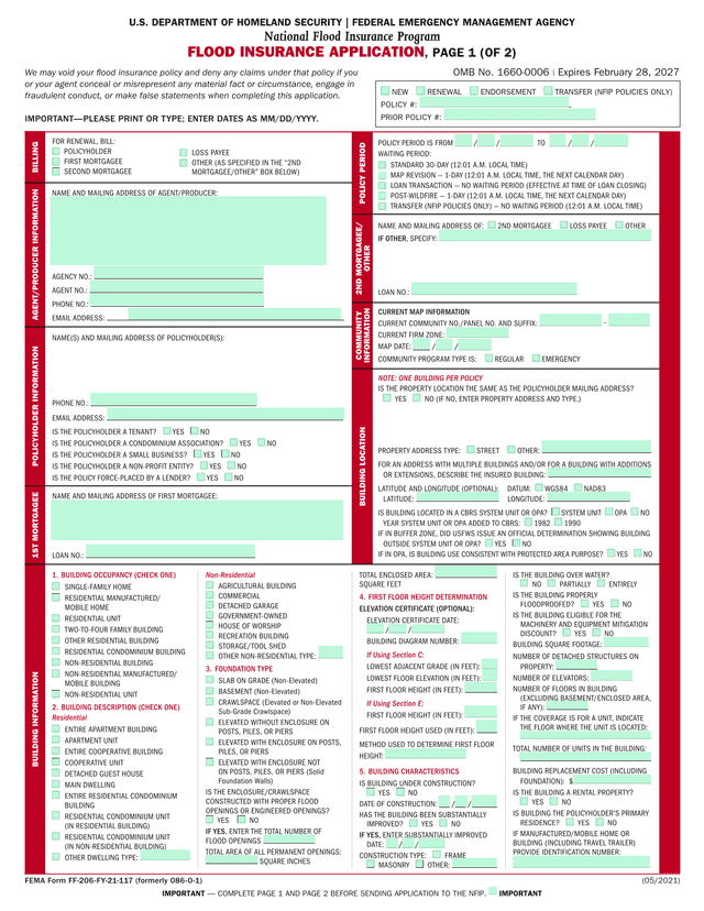Flood Insurance Application (NFIP Page 1) screenshot