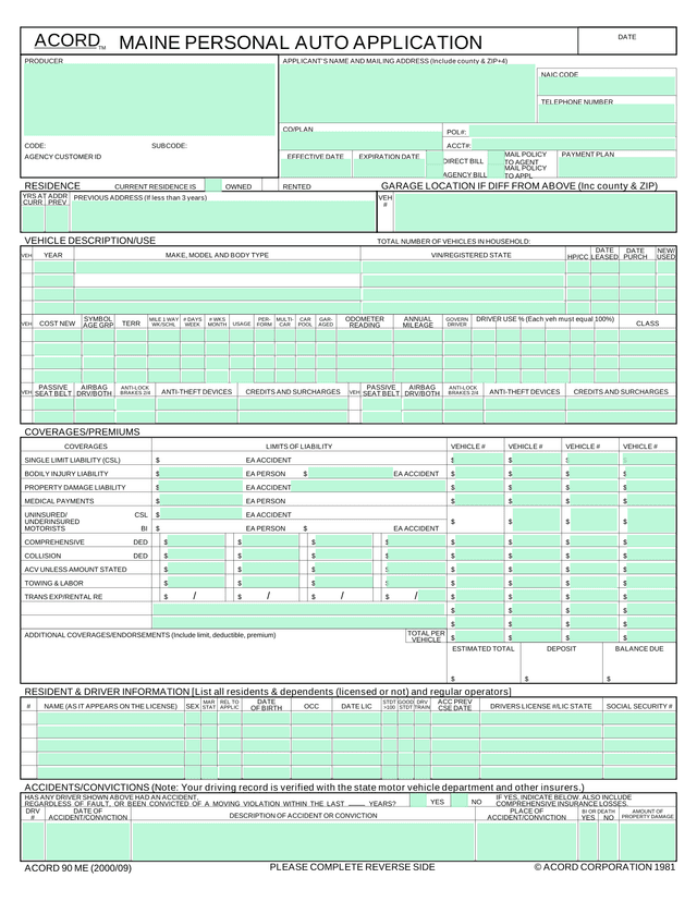 Auto Insurance Application Form screenshot