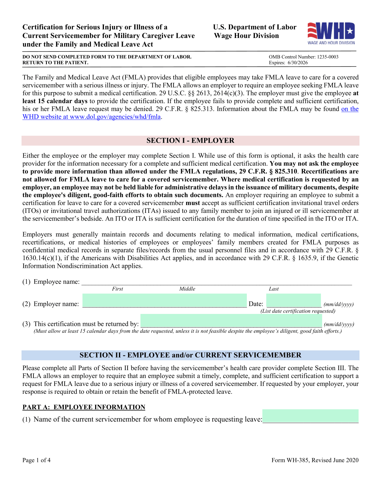Military Caregiver Leave Certification (WH 385) screenshot
