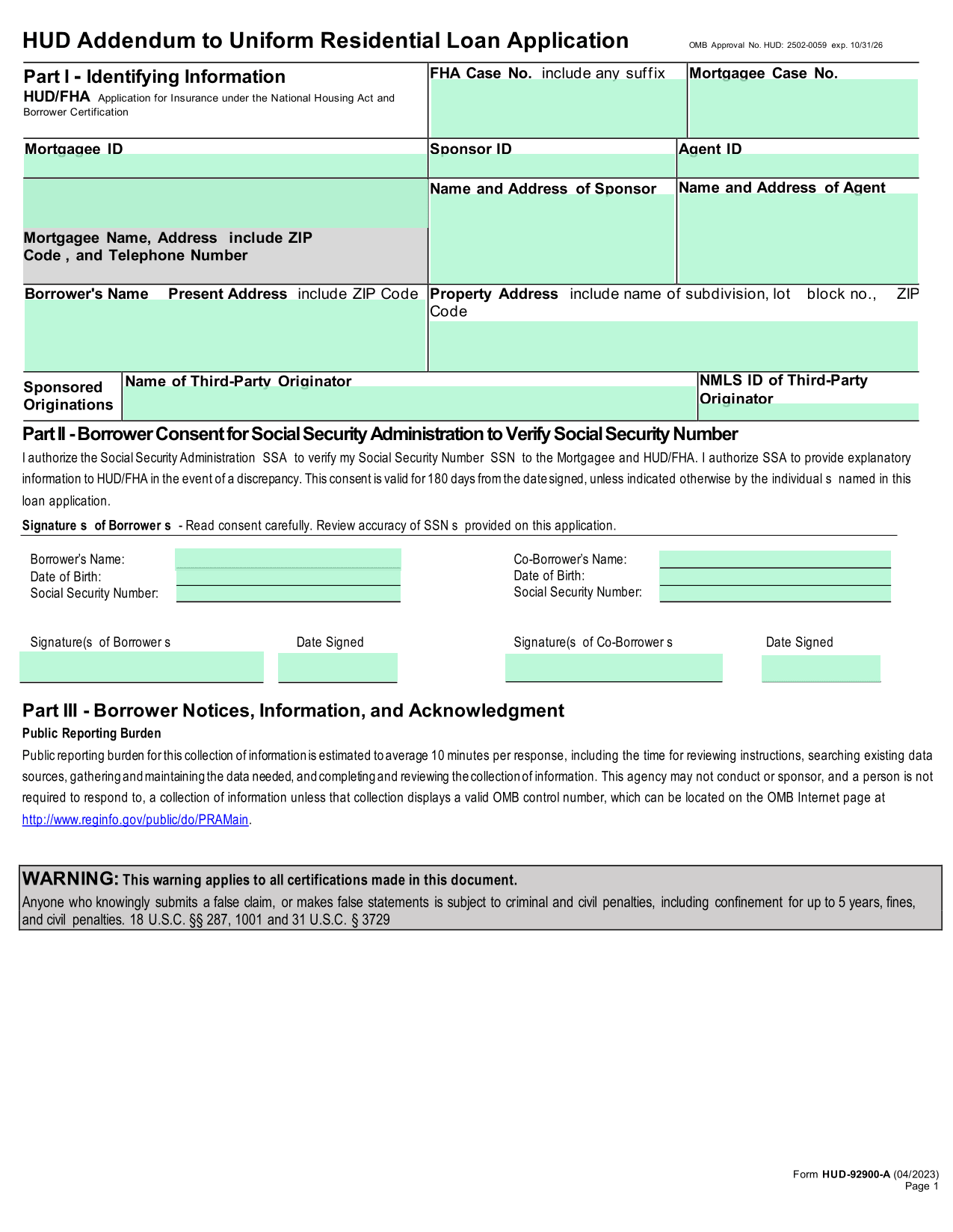 HUD Addendum To Uniform Residential Loan Application (FHA) screenshot