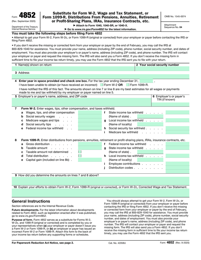 Substitute For Missing Wage  Tax Statement (Form 4852) screenshot