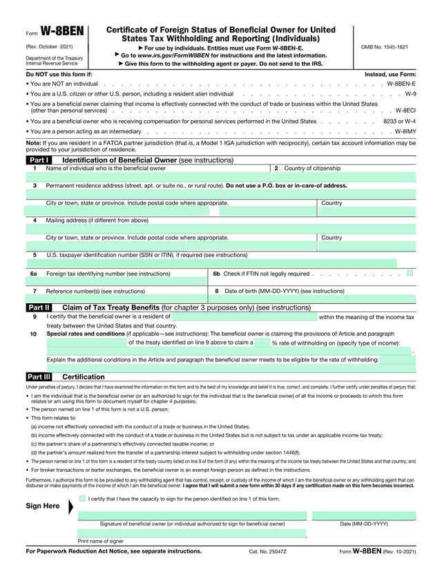 Form W-8 BEN screenshot