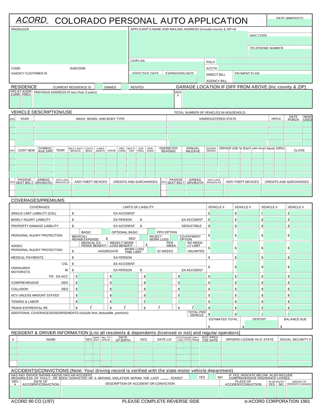 Colorado Personal Auto Application (ACORD 90 CO) screenshot