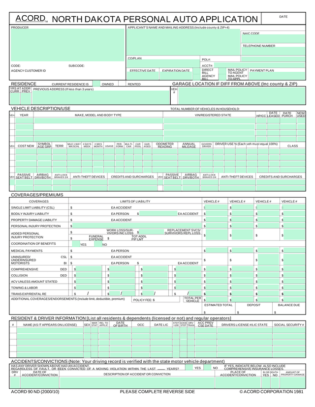 Auto Insurance Application Form screenshot
