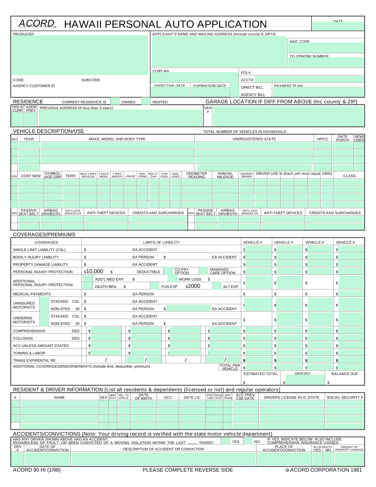 Hawaii Personal Auto Application (ACORD 90 HI) screenshot