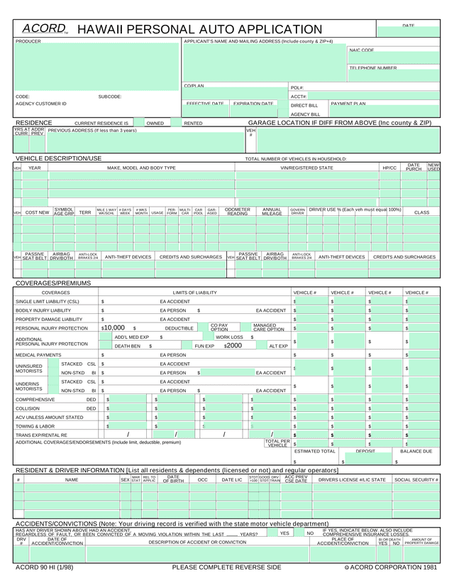 Hawaii Personal Auto Application (ACORD 90 HI) screenshot