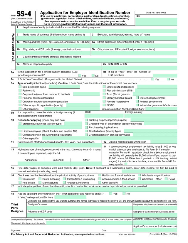 Application For Employer Identification Number (SS 4) screenshot