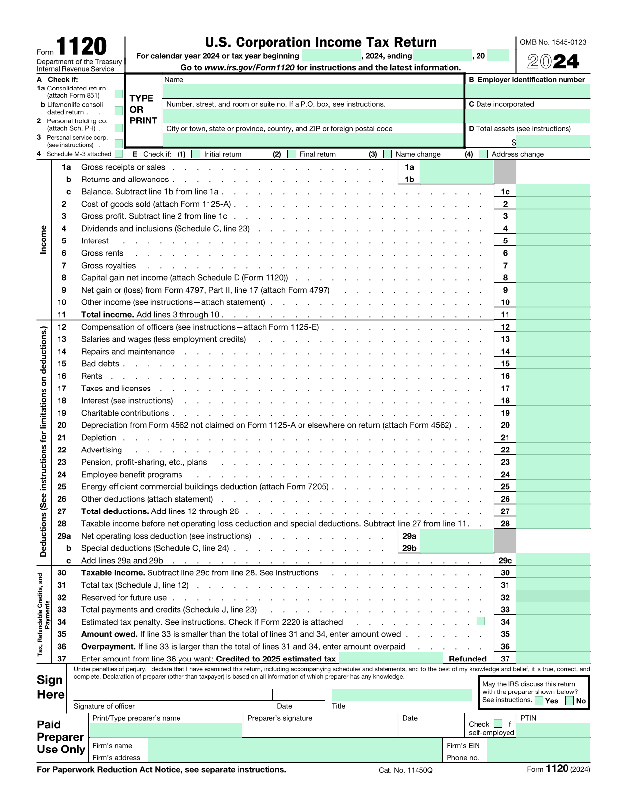 U.S. Corporation Income Tax Return (Form 1120) screenshot