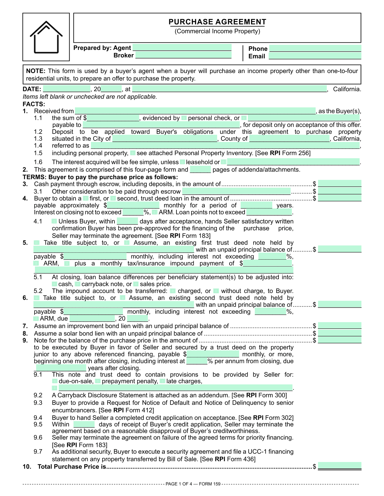 Commercial Income Property Purchase Agreement (RPI 159) screenshot